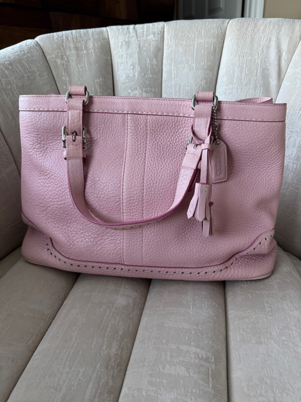 Coach Light Pink Pebbled Leather Tote with Tassel Hangtag